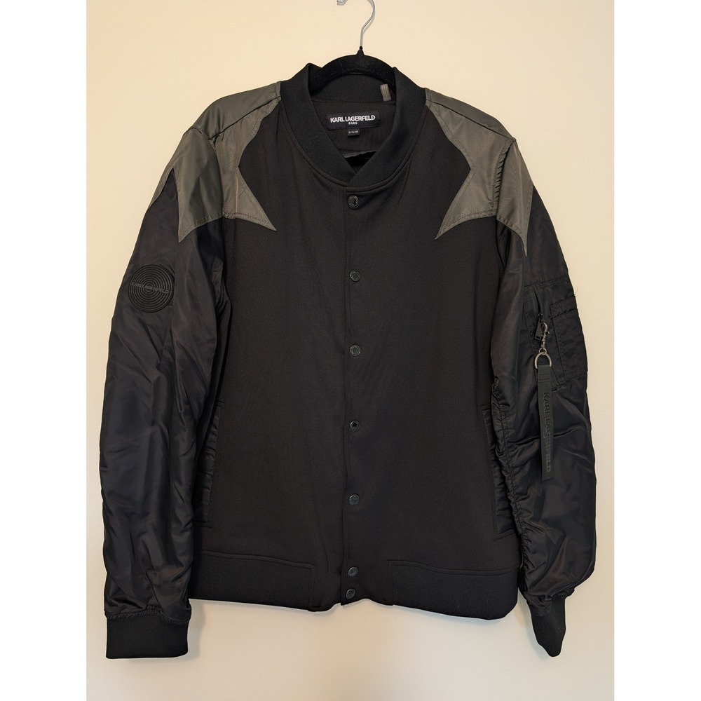 Karl Lagerfeld Paris Mixed Media Bomber Varsity Jacket Black Grey Mens Size XL